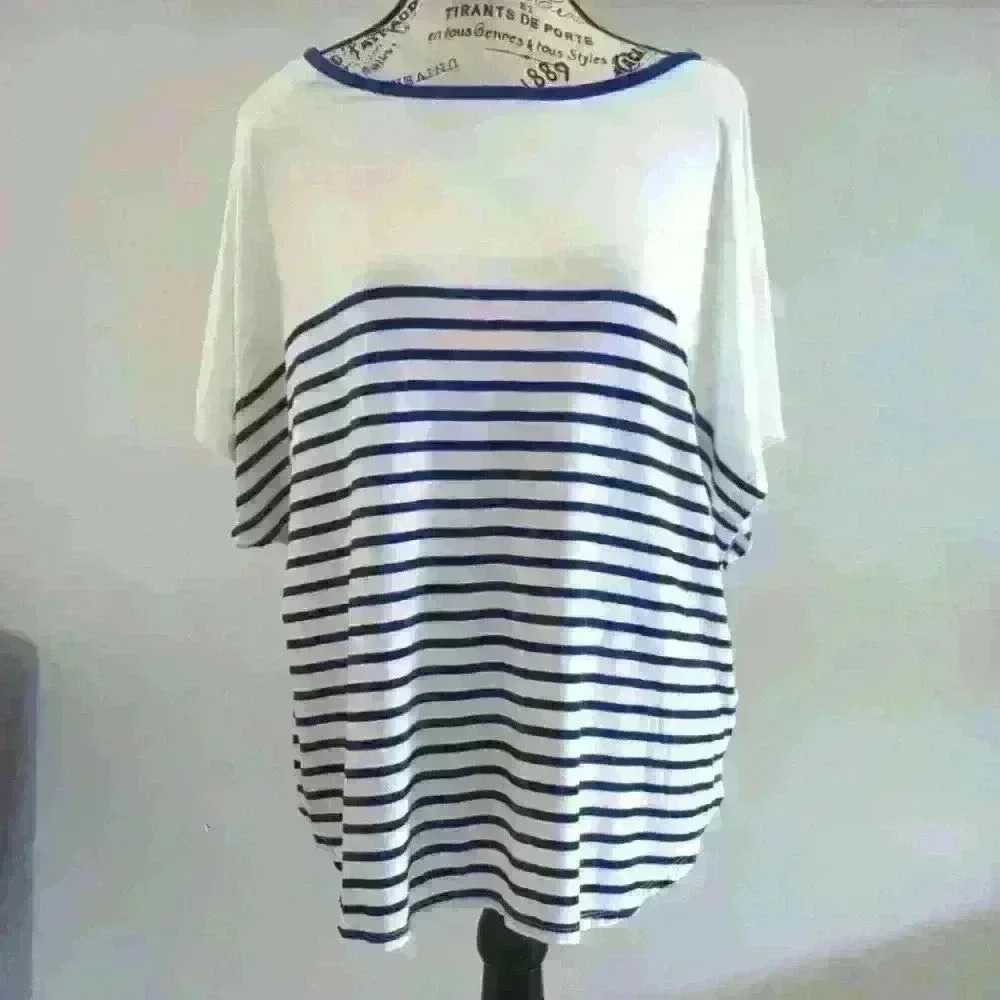 MAX STUDIO | Women's  Blue/White Horizontal Striped Short Sleeve Knit Top